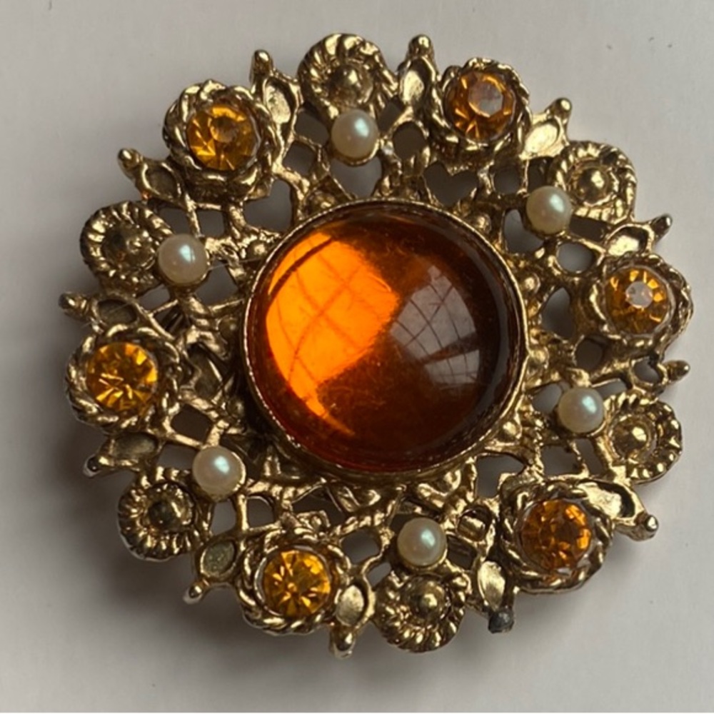 Ornate Orange and Gold Floral Brooch